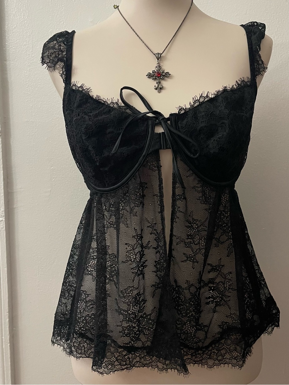 Victoria's Secret Black Lace Bow-Front Babydoll Chemise